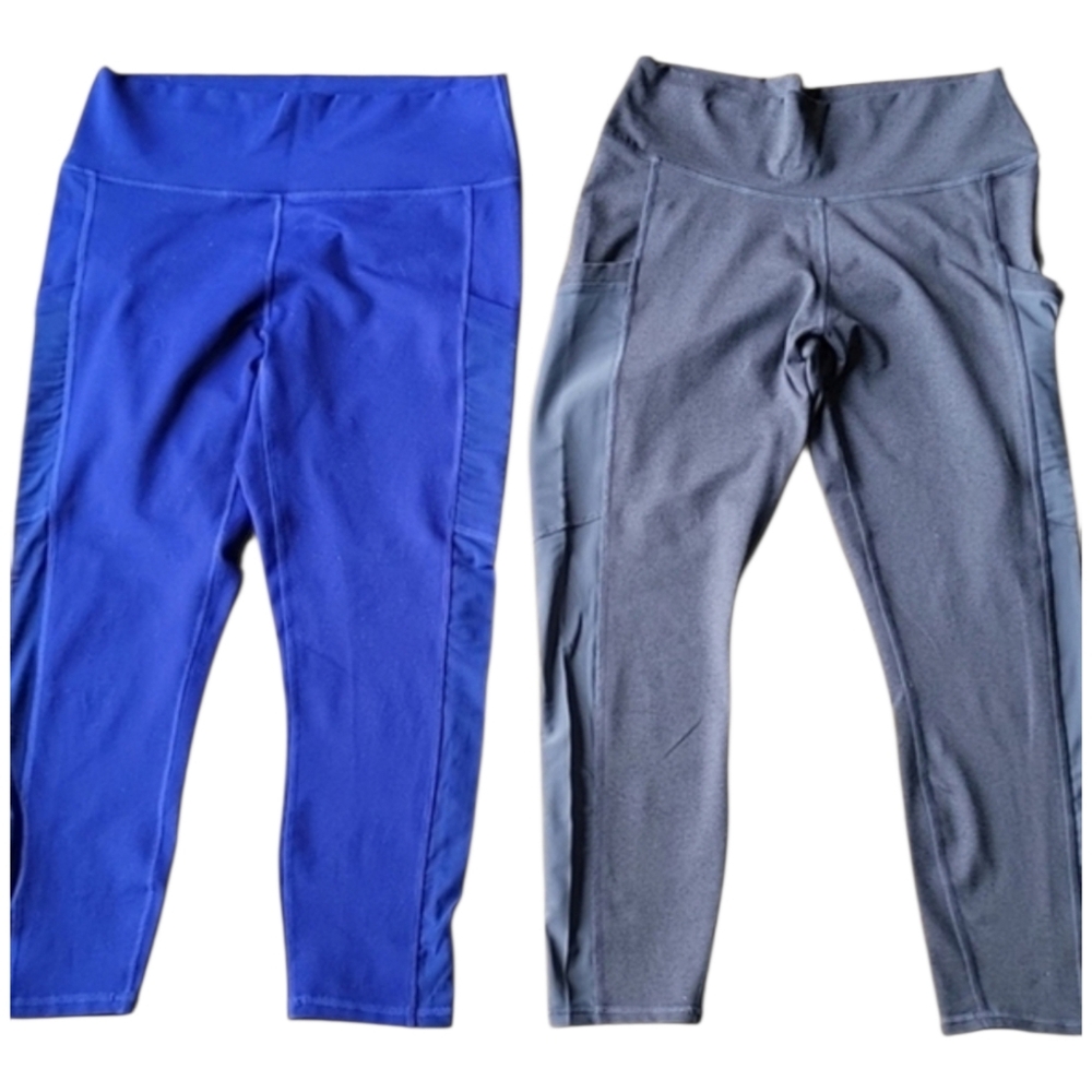 2 Set Bundle Fabletics Powerhold Leggings Navy Blue And Gray Side Pocket Capri